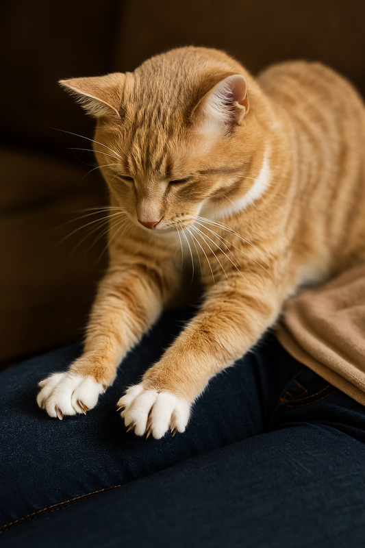 orange tabby cat kneading blanket with text Why Do Cats Knead